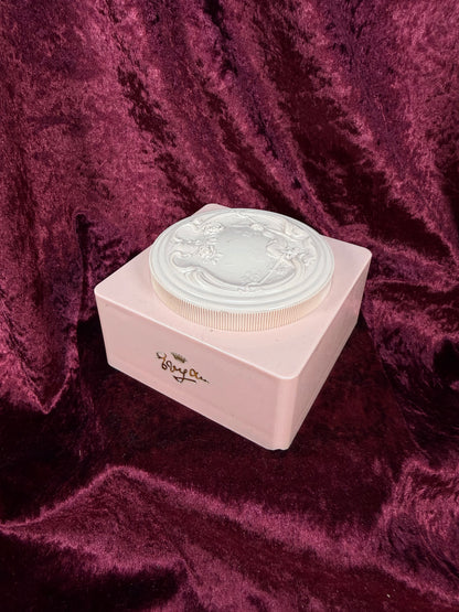 Vintage Vanity - Pink Plastic Powder Box – Art Nouveau Lady Reclining Lid - Evyan