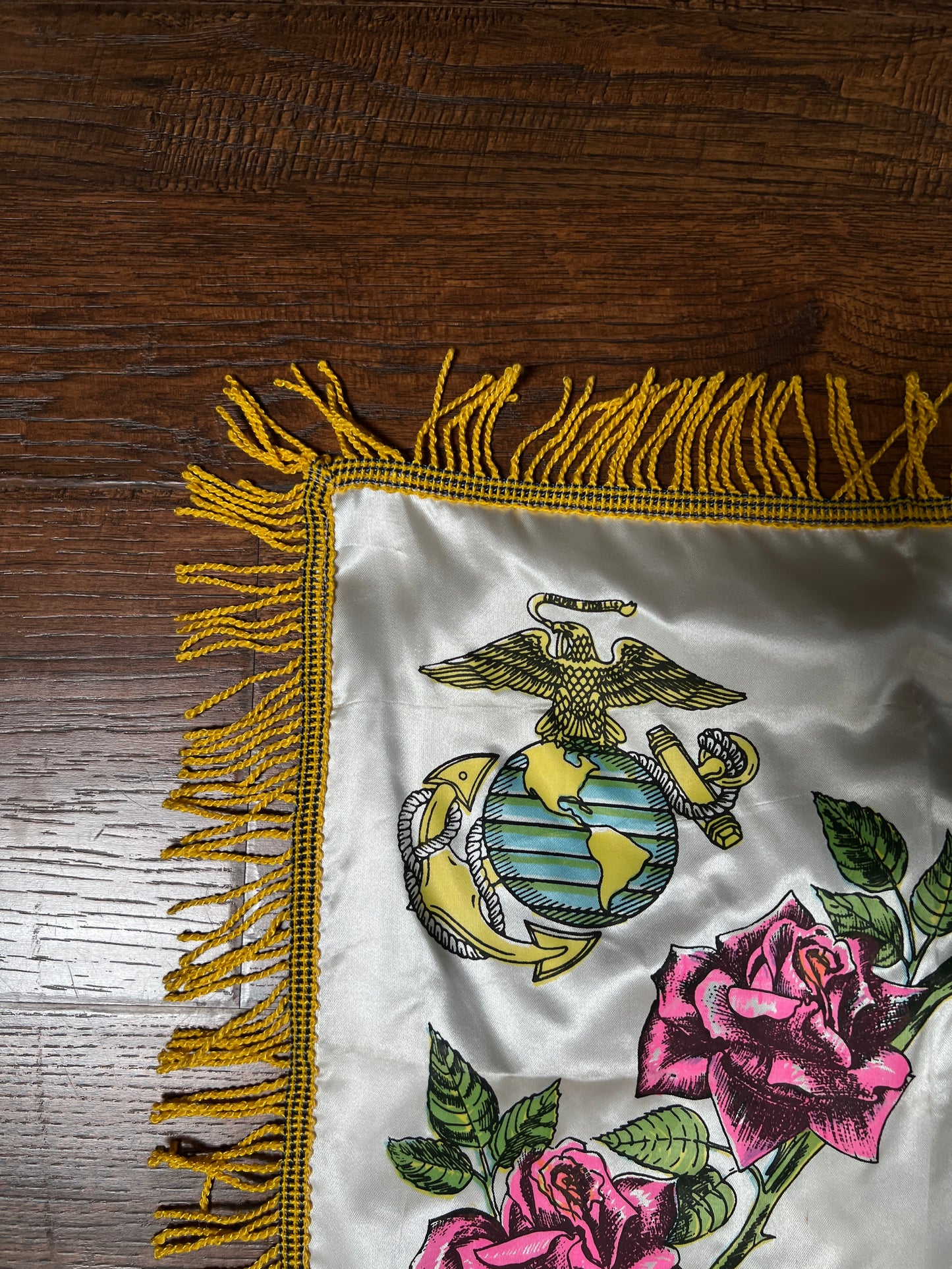 Vintage WWII Satin USMC Pillow Cover — Parris Island Mother Souvenir with Fringe