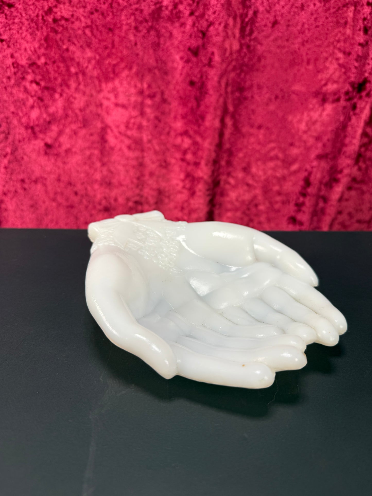 Vintage Trinket Dish - Cupped Open Hands - White Milk Glass - Avon