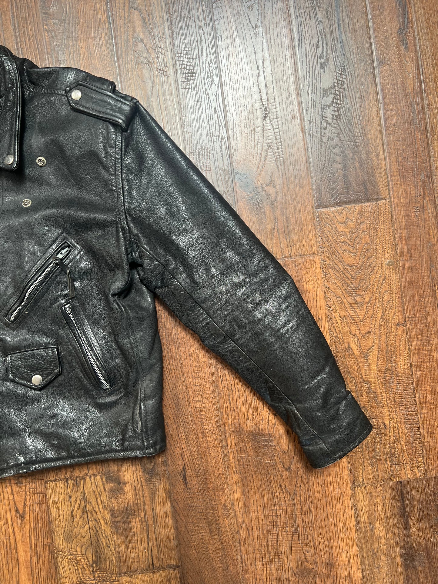 Vintage Clothing - Biker Jacket - First Genuine Leather - Black with Silver Hardware - Large