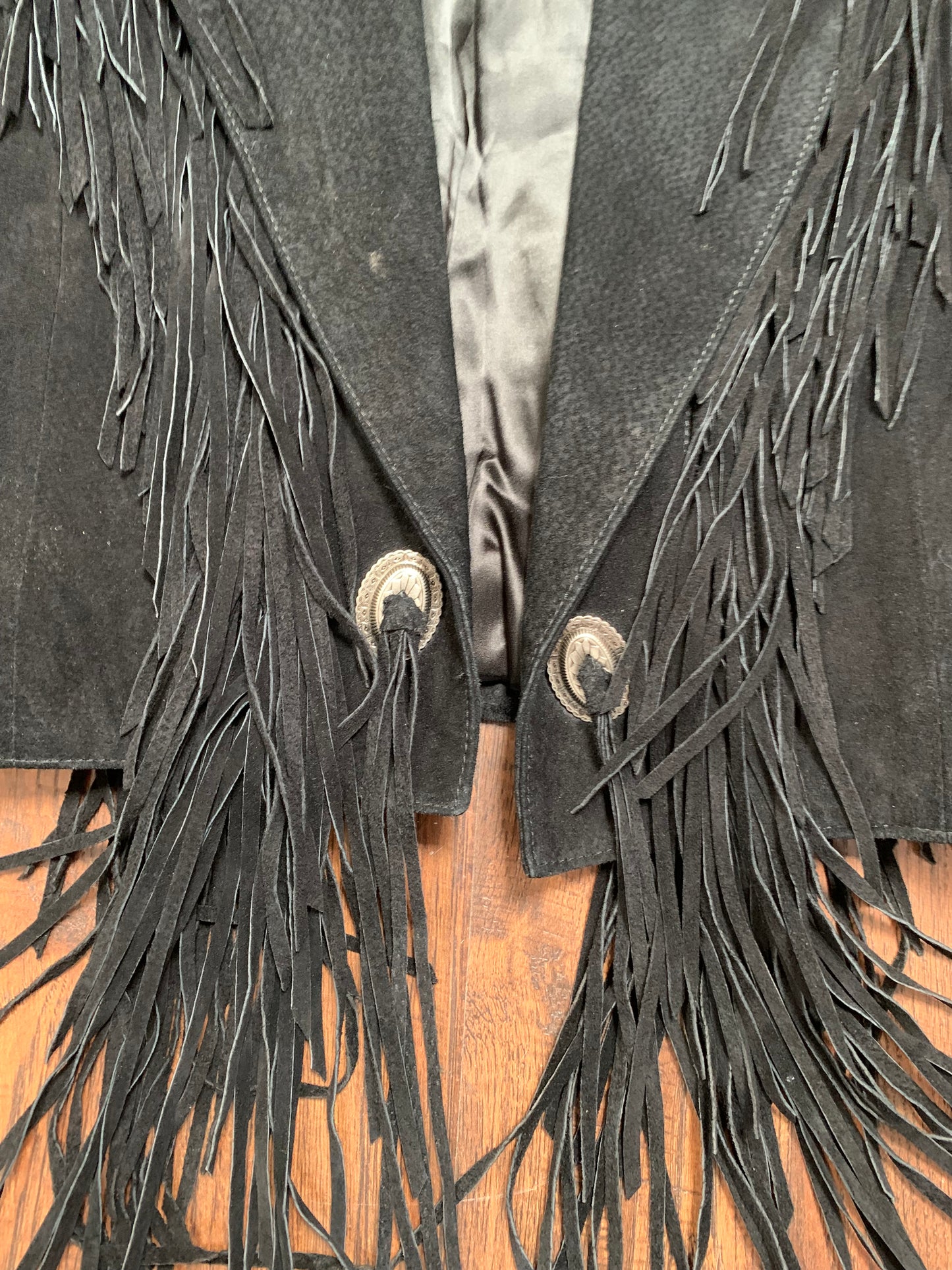 Vintage Bomber Jacket - Genuine Leather - Black Suede Fringe - Silver Conches - Scully - Large