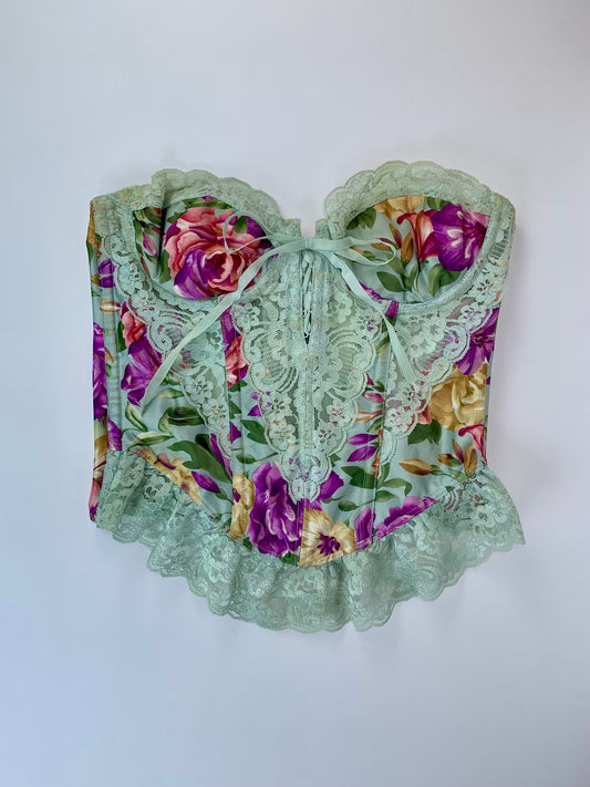 Vintage Lingerie - Bustier - Jewel Tone Florals with Lace - Lily Of France - 34B - Made In U.S.A.