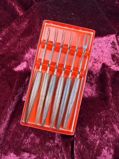 Vintage Mid Century Wooden Fondue Forks - Set of 6