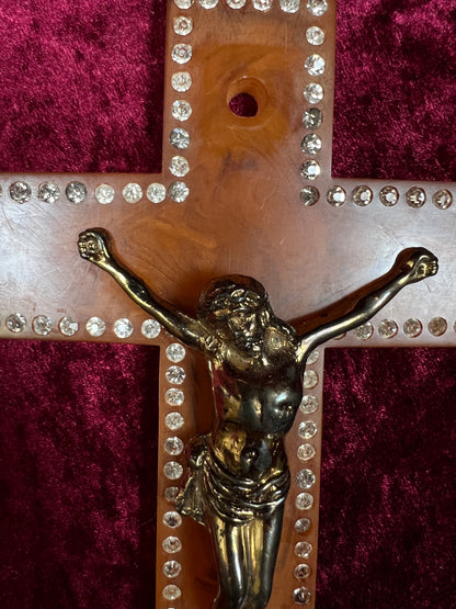 Vintage Bakelite Crucifix Cross - Butterscotch Swirl Rhinestone Religious Wall Hanging