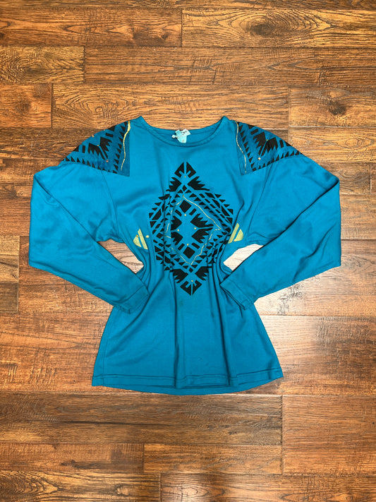 Vintage Clothing - Long Sleeve Shirt - Southwestern Print on Blue - Medium - Silver Cloud