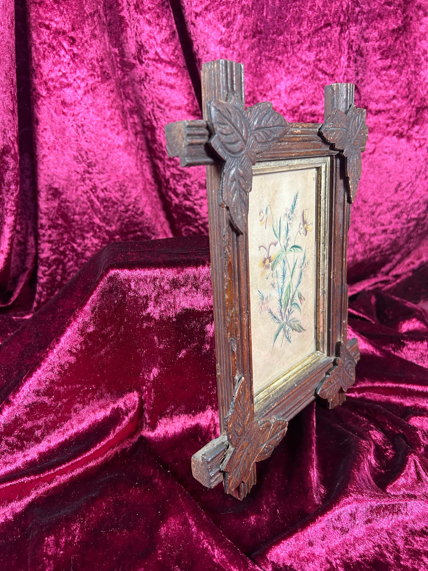 Vintage Wall Art - Antique Black Forest Style Frame - Spring Florals Illustration