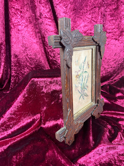 Vintage Wall Art - Antique Black Forest Style Frame - Spring Florals Illustration