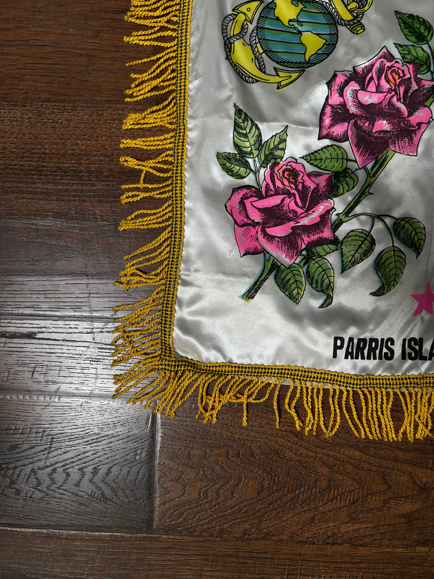 Vintage WWII Satin USMC Pillow Cover — Parris Island Mother Souvenir with Fringe