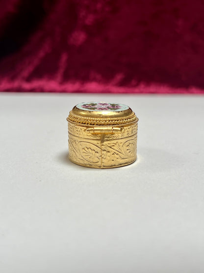 Vintage Trinket Box - Round Pill / Snuff Box - Italian Micro Mosaic - Lavender Floral - Leaf Design