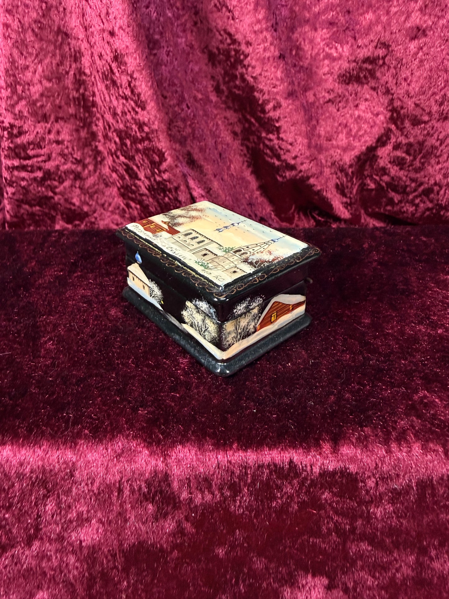 Vintage Lacquer Trinket Box with Hinged Lid – Hand Painted Snowy Russian Church Scene