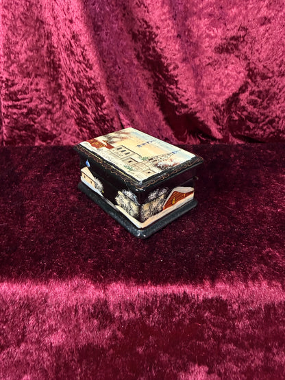 Vintage Lacquer Trinket Box with Hinged Lid – Hand Painted Snowy Russian Church Scene