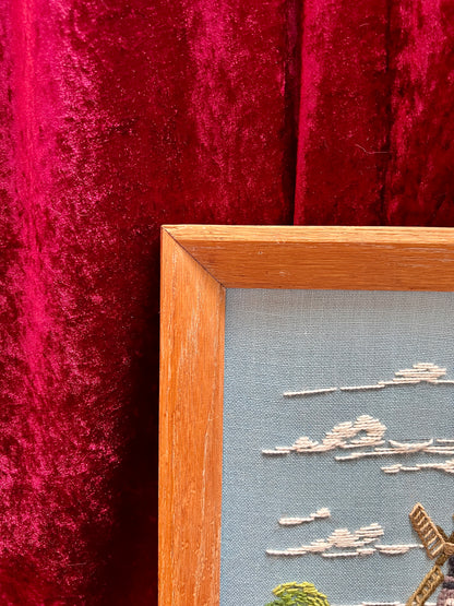 Vintage Framed Embroidery Art – Southampton Petticoat Windmill Crewel
