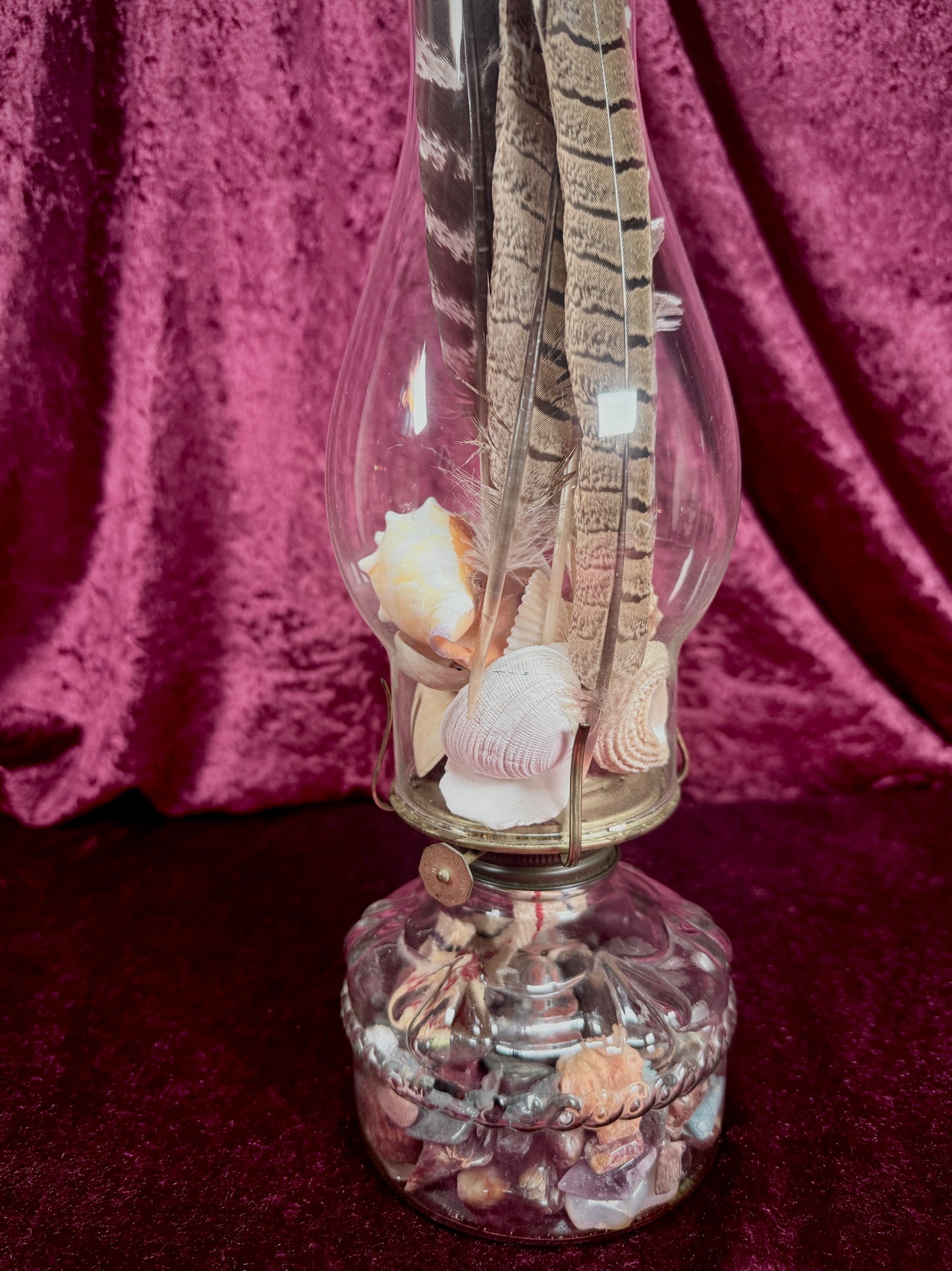 Vintage Glass Oil Lamp – Natural Feather and Shell Curio Display