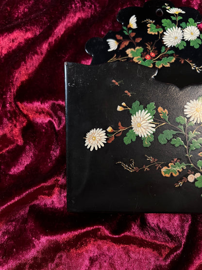 Antique Papier Mache Wall Pocket - Victorian Black Lacquer Painted White Flowers