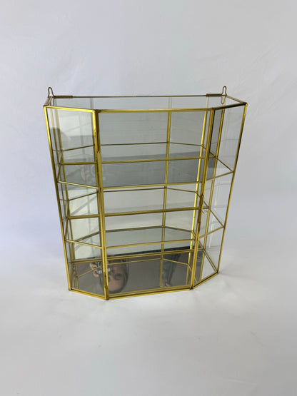 Vintage Mirrored Brass & Glass Wall Hanging Curio Cabinet - Large