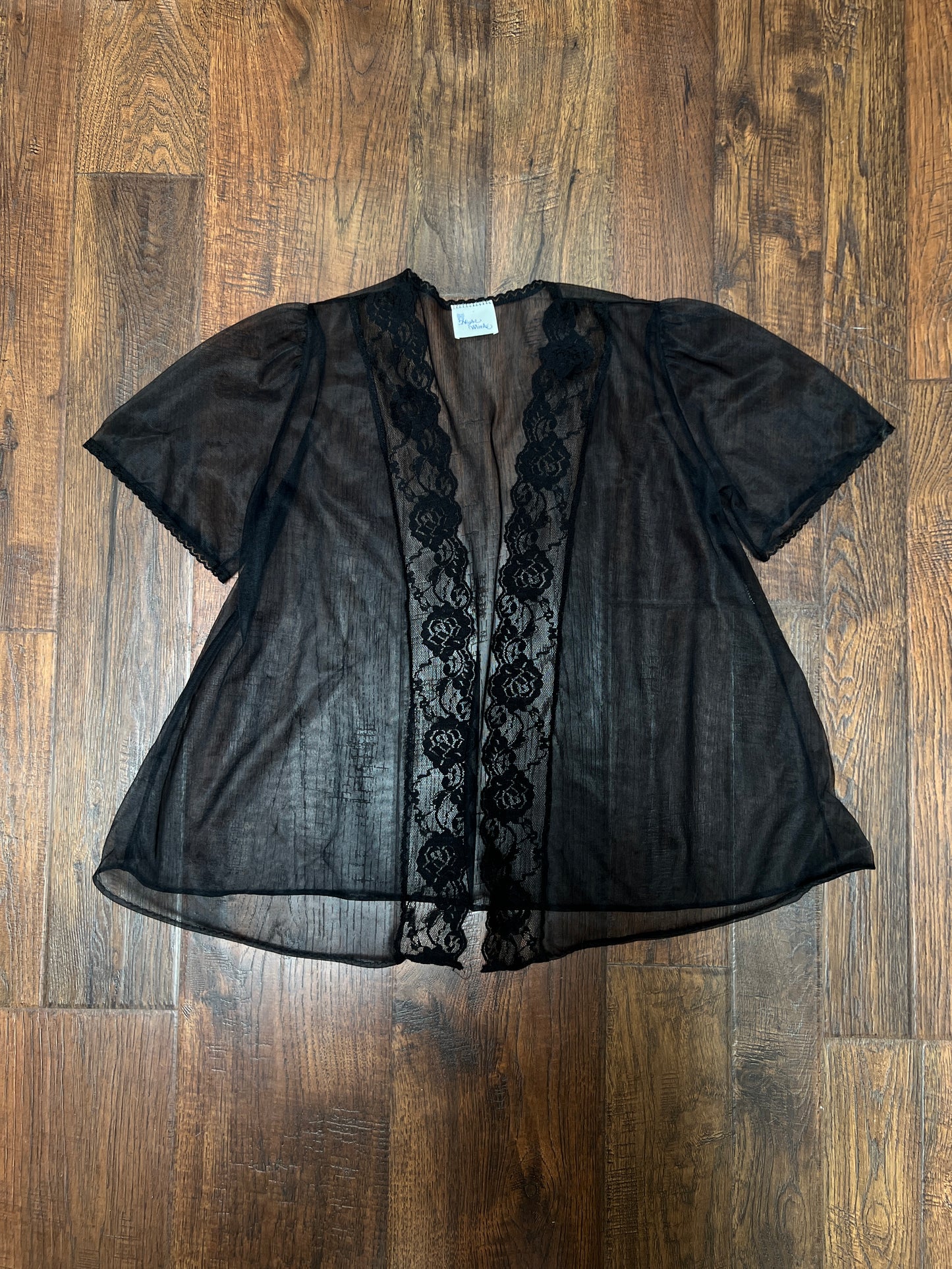 Vintage Night Winks Bed Jacket -  Sheer Black with Floral Lace Open Front - Medium