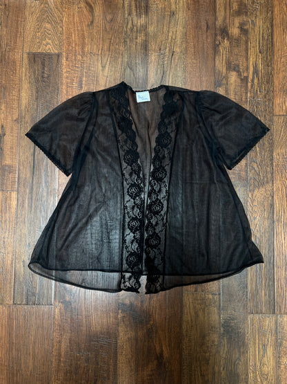 Vintage Night Winks Bed Jacket -  Sheer Black with Floral Lace Open Front - Medium