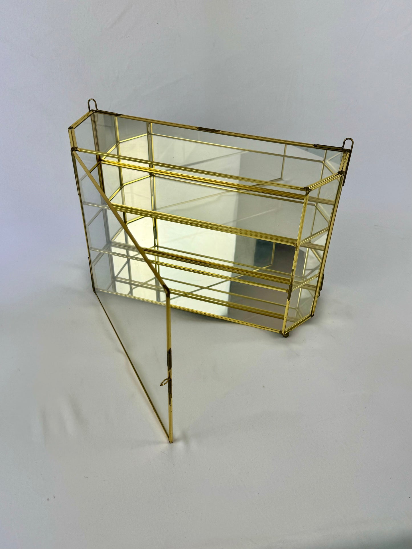 Vintage Brass & Glass Mirrored 3-Shelf Wall Hanging Curio Cabinet