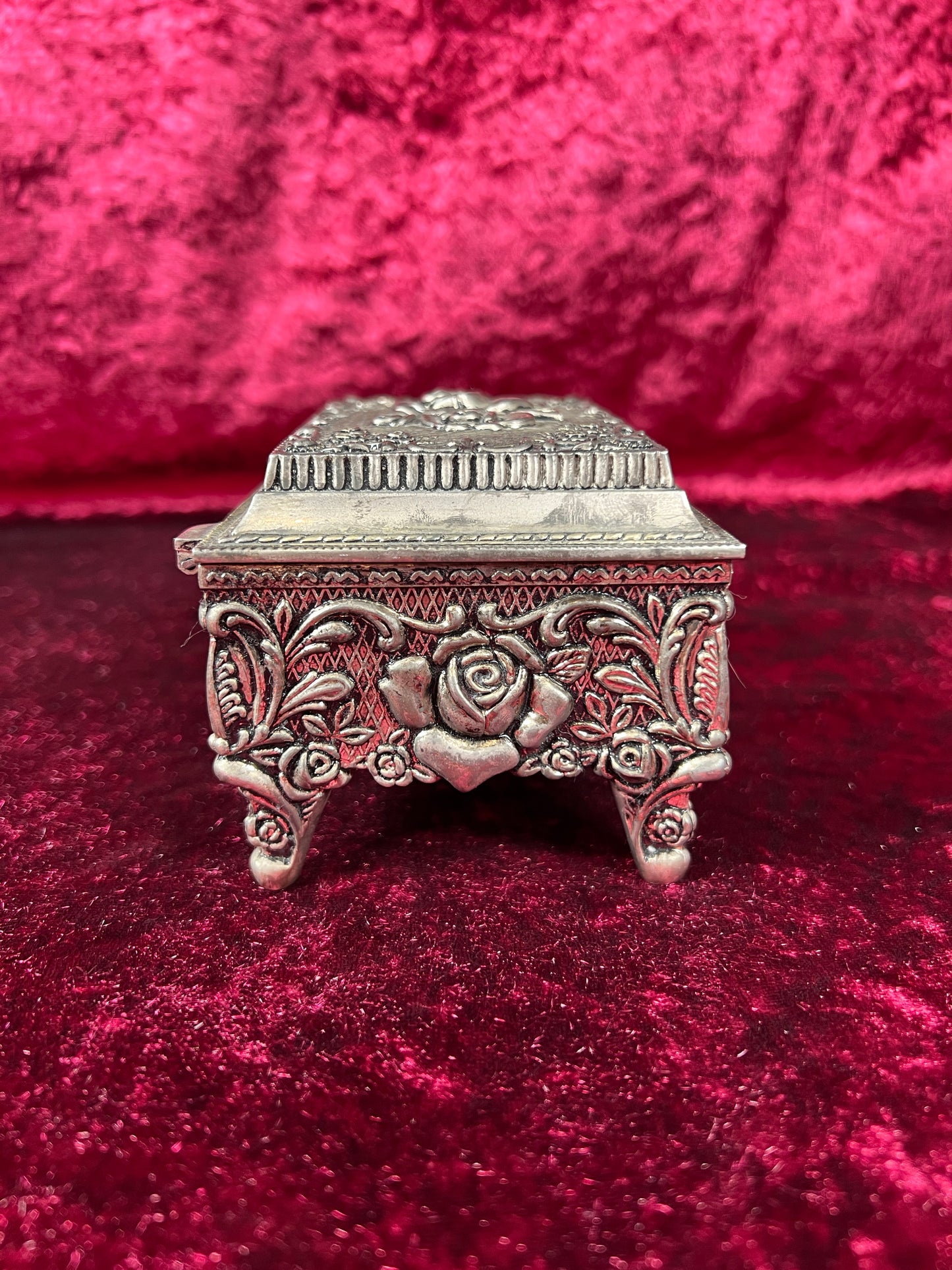 Vintage Vanity - Jewelry Box - Ornate Silver Rose Filigree - Black Velvet Lining - Footed