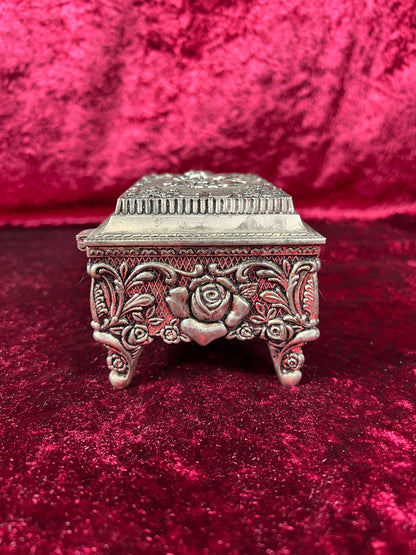 Vintage Vanity - Jewelry Box - Ornate Silver Rose Filigree - Black Velvet Lining - Footed