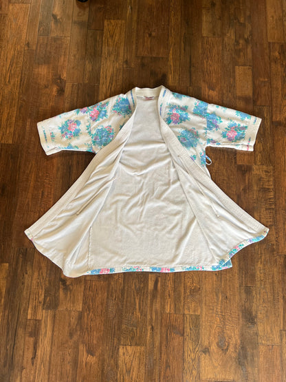 Vintage Clothing - Terrycloth Bath Robe - Blue Rose Clusters - Michele of Miami - Small / Medium