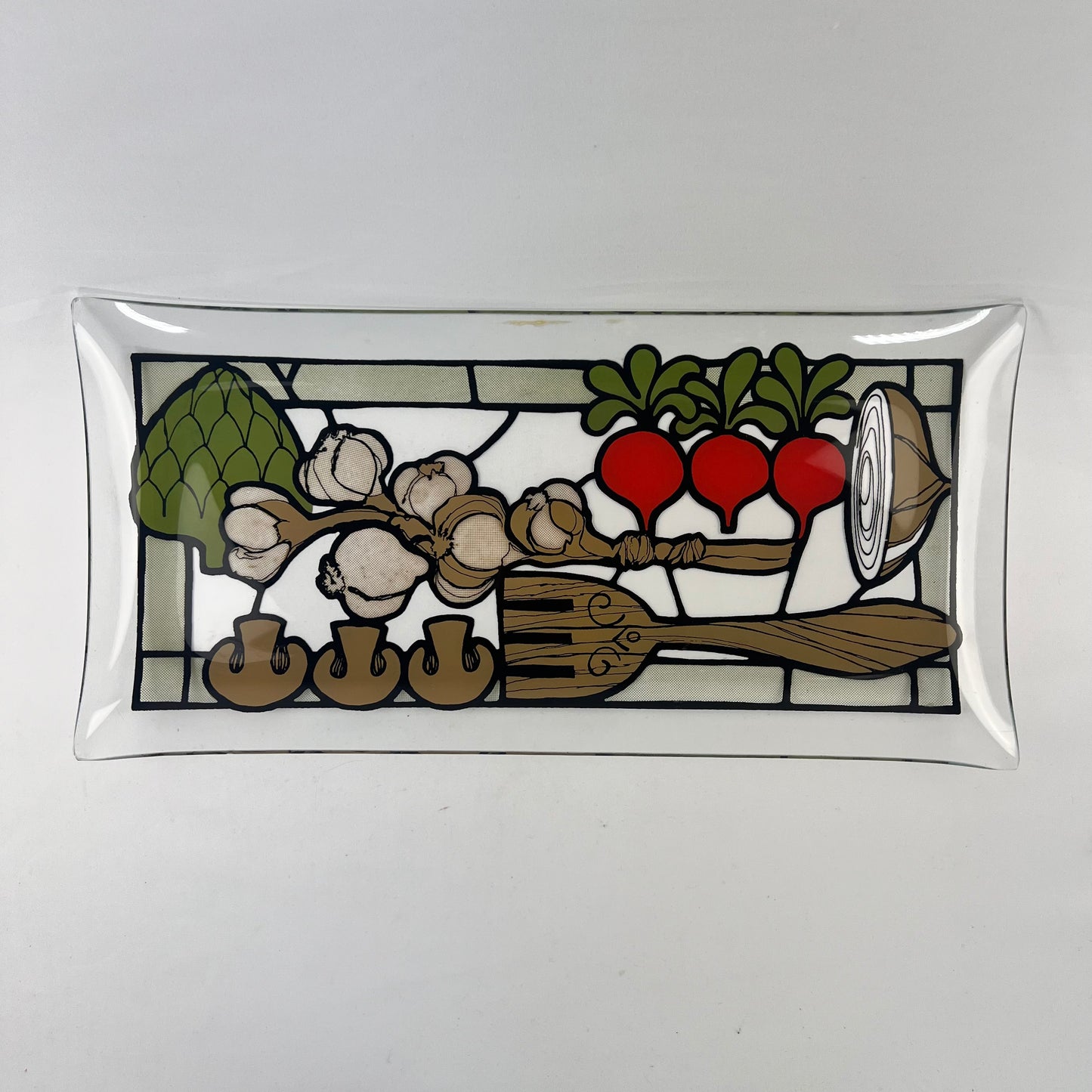 Vintage Rectangular Curved Glass Serving Tray w/ Vegetable Motif - Mid Century Modern Kitchen