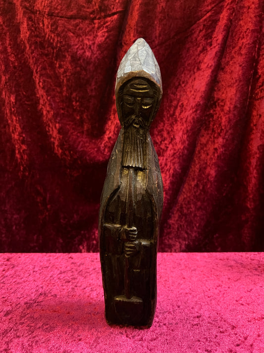 Vintage Oddities - Antique Hand Carved Wood Statue - Cloaked Druid With Shovel