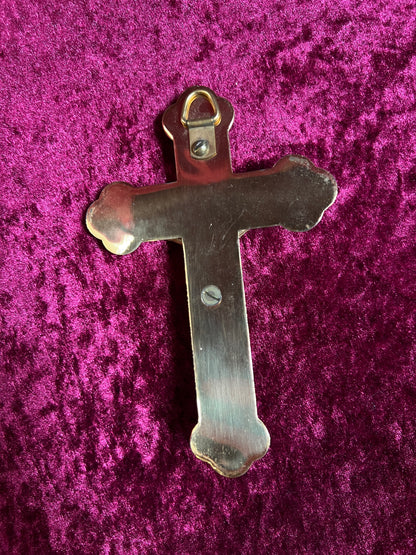 Vintage Brass Crucifix Cross - Marbled Bakelite Inlay Religious Wall Hanging