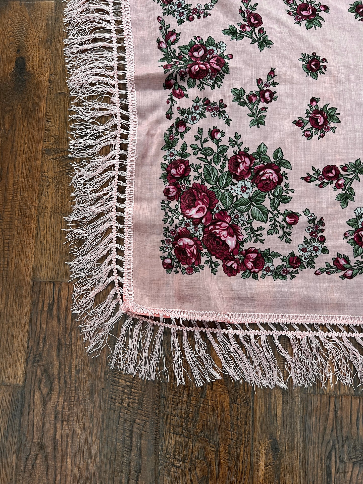 Vintage Kashmir Woole Floral Fringe Scarf - Pink Rose Square Wrap Bohemian Style