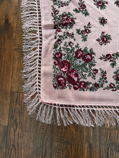Vintage Kashmir Woole Floral Fringe Scarf - Pink Rose Square Wrap Bohemian Style