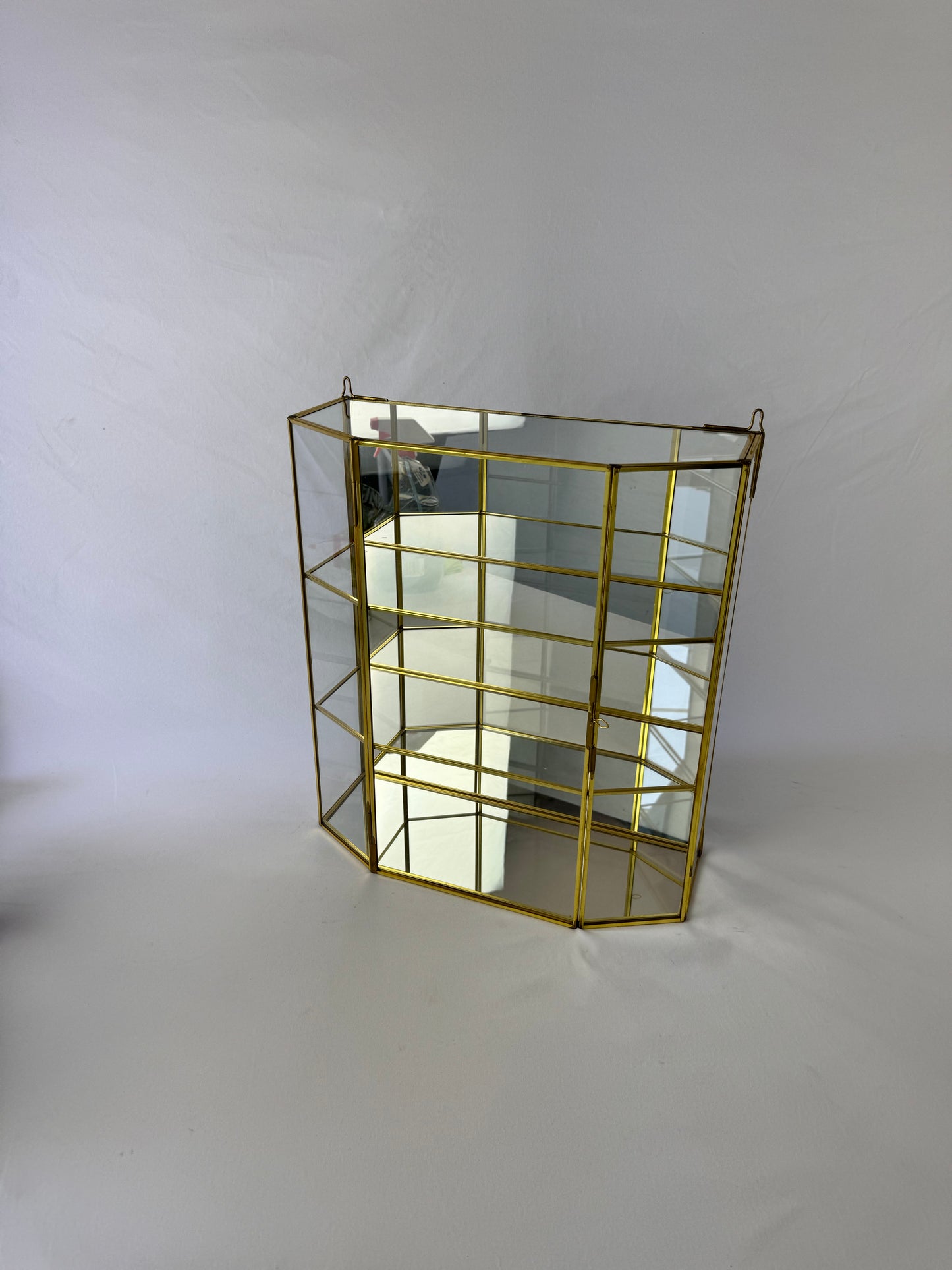 Vintage Mirrored Brass & Glass Wall Hanging Curio Cabinet - Large