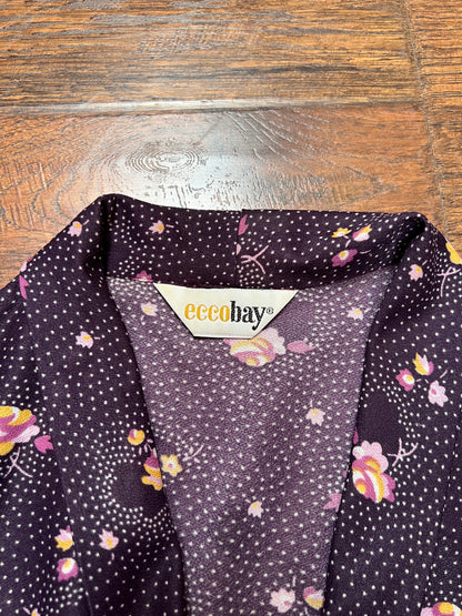 Vintage Clothing - 1970s Polyester Tie-Neck Blouse - Flower Clusters on Purple - Ecco Bay - Medium