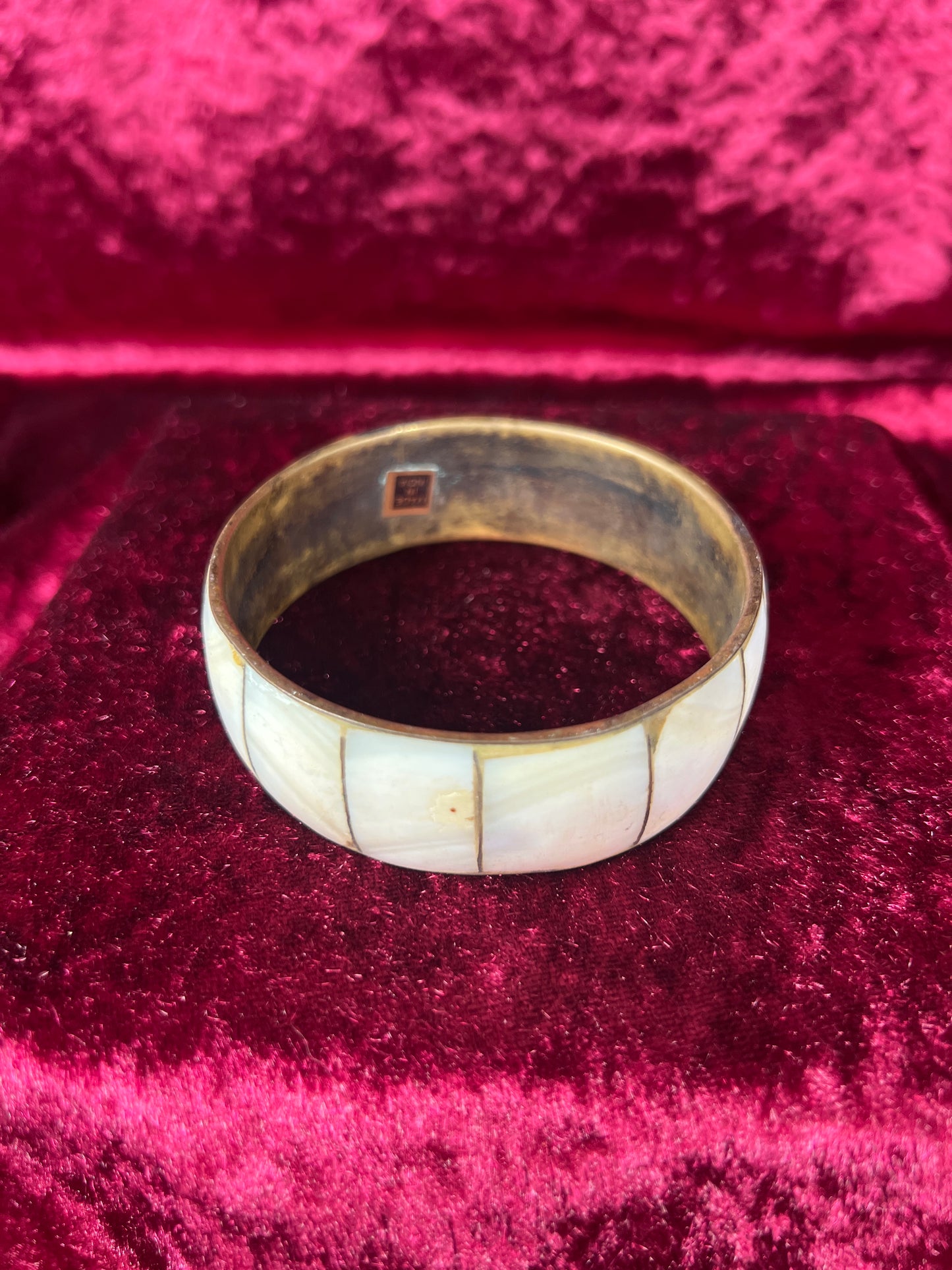 Vintage Jewelry - Cuff Bracelet - Brass - Oyster Shell Inlay - Made In India