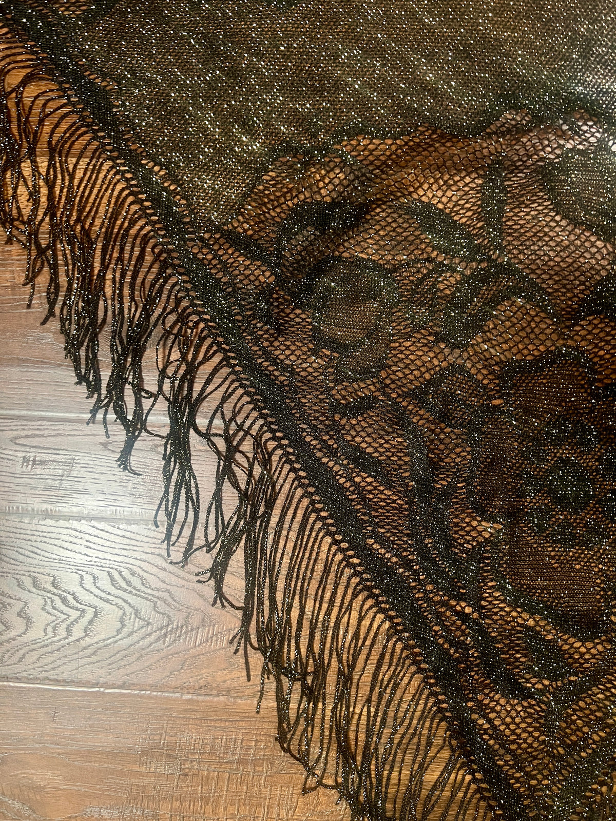 Vintage Metallic Net Shawl - Black Gold Floral Lace Fringe Triangle Wrap