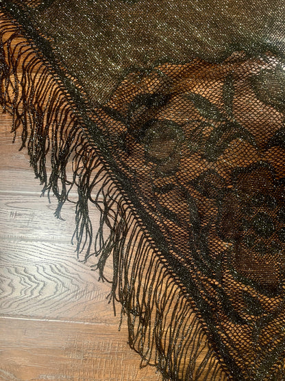 Vintage Metallic Net Shawl - Black Gold Floral Lace Fringe Triangle Wrap