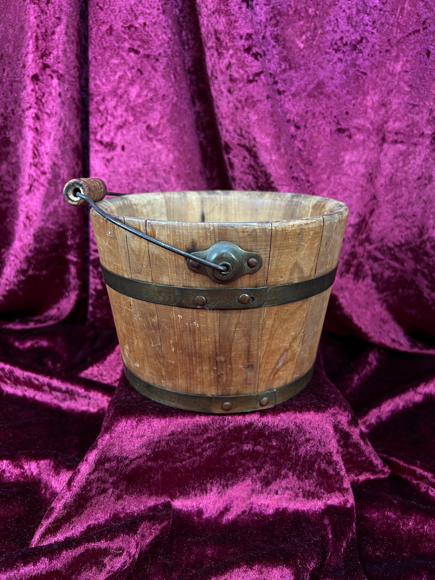 Antique Wood Bucket - Bentwood Stave Construction Iron Swing Handle