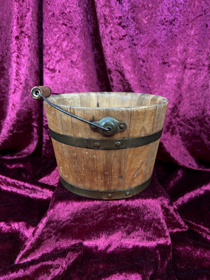Antique Wood Bucket - Bentwood Stave Construction Iron Swing Handle