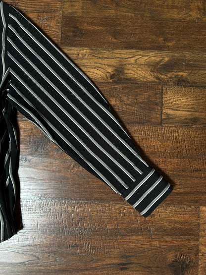 Vintage Foxcroft Fitted Blouse - Black Grey Striped Pleated Waist - Size Large