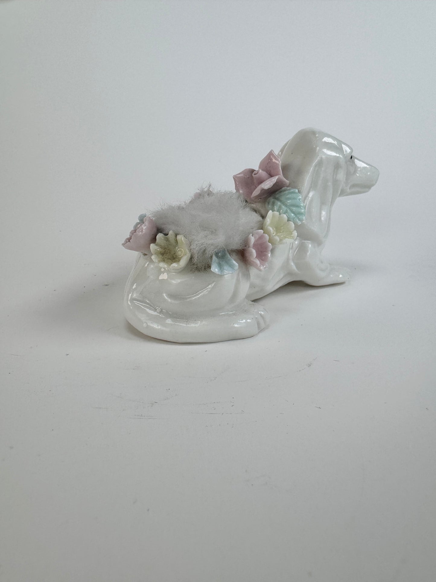 Vintage White Dachshund Dog Porcelain Pin Cushion - Blue Yellow Pink Flowers