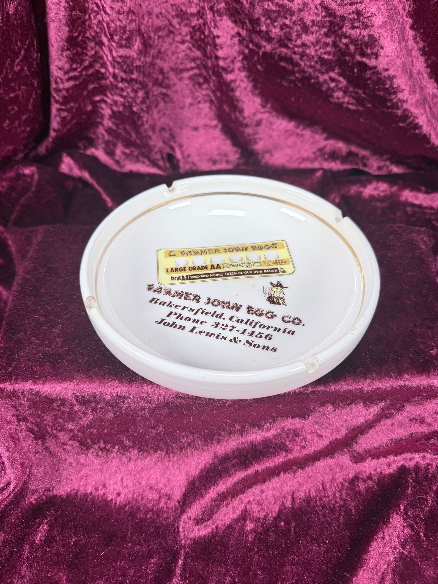 Vintage Ceramic Advertising Ashtray - Farmer John Egg Company Bakersfield California