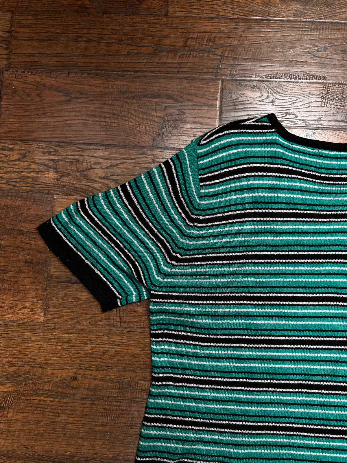 Vintage Sag Harbor Knit Top – Striped Turquoise and Black - Medium