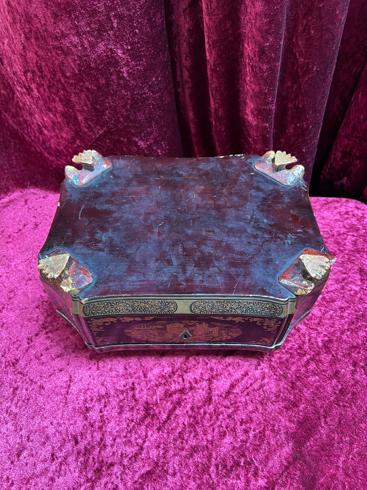 Antique Sewing Kit - Black Lacquer Ladies Work Box - Octagonal 19th Century Asian Chinoiserie