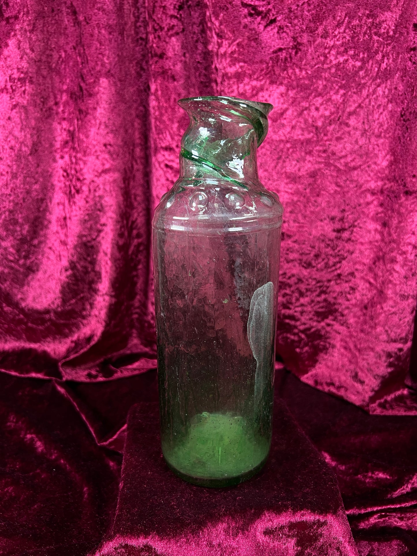 Vintage Hand Blown Green Glass Bottle - Twisted Rim Open Mouth Vase