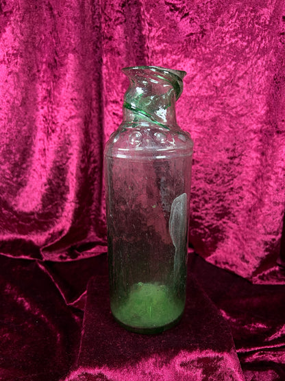 Vintage Hand Blown Green Glass Bottle - Twisted Rim Open Mouth Vase