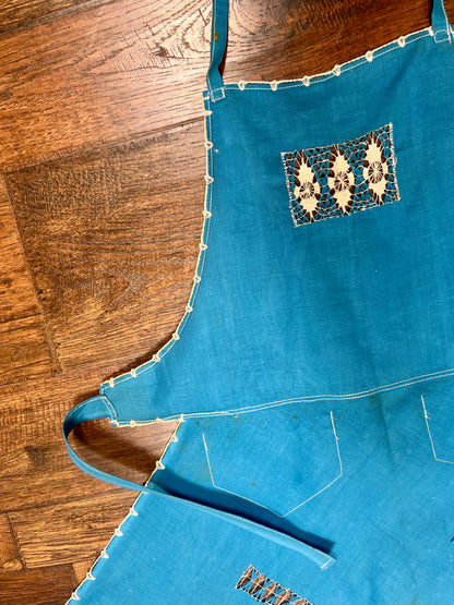 Vintage Cotton Tie Waist Pinafore Apron – Robins Egg Blue Cutwork Lace Embroidery