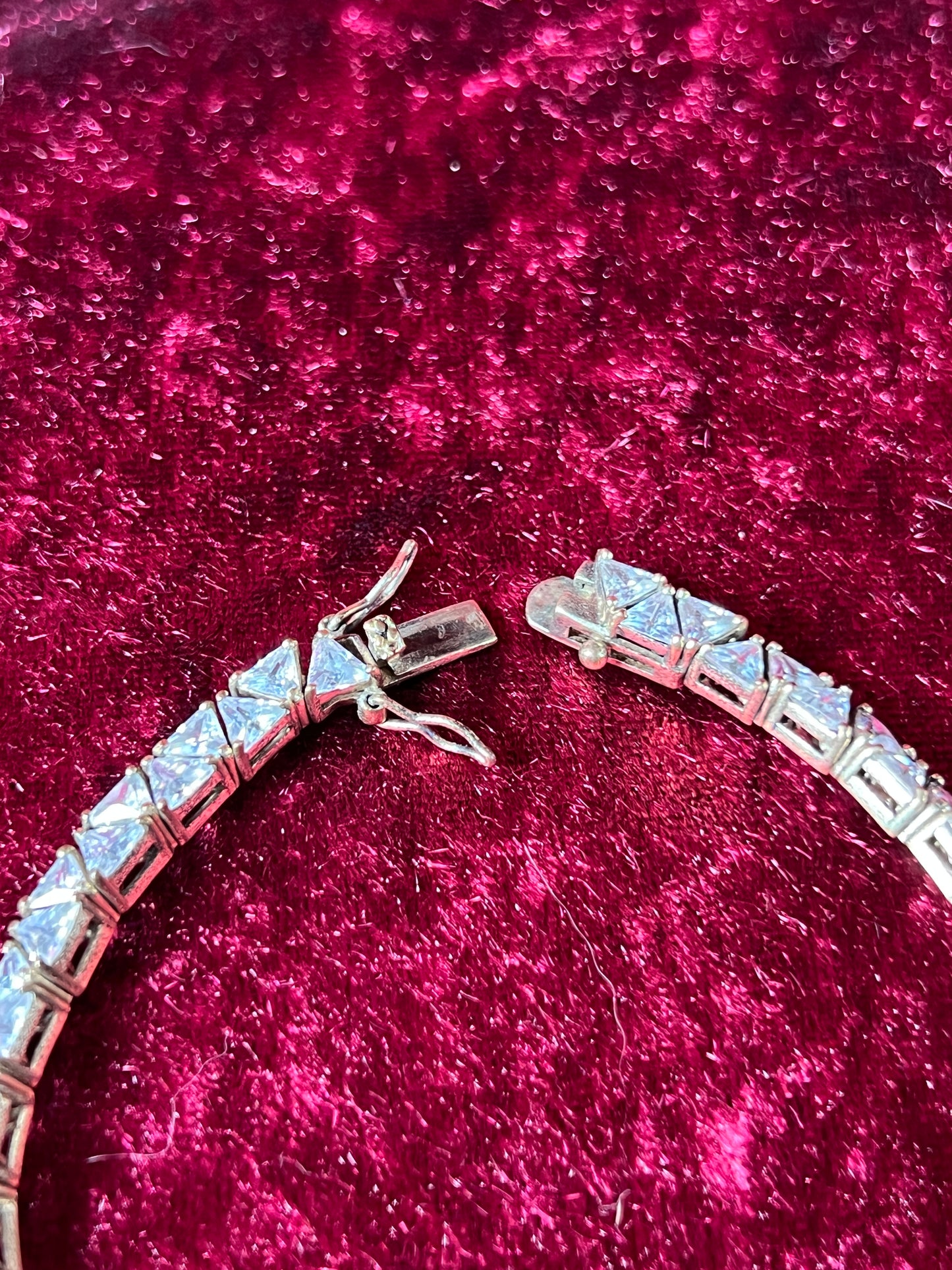 Vintage Jewelry - Tennis Bracelet - Silver Tone - Triangular Cubic Zirconia Stones  - 7.5"