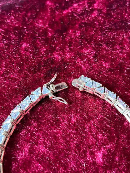 Vintage Jewelry - Tennis Bracelet - Silver Tone - Triangular Cubic Zirconia Stones  - 7.5"
