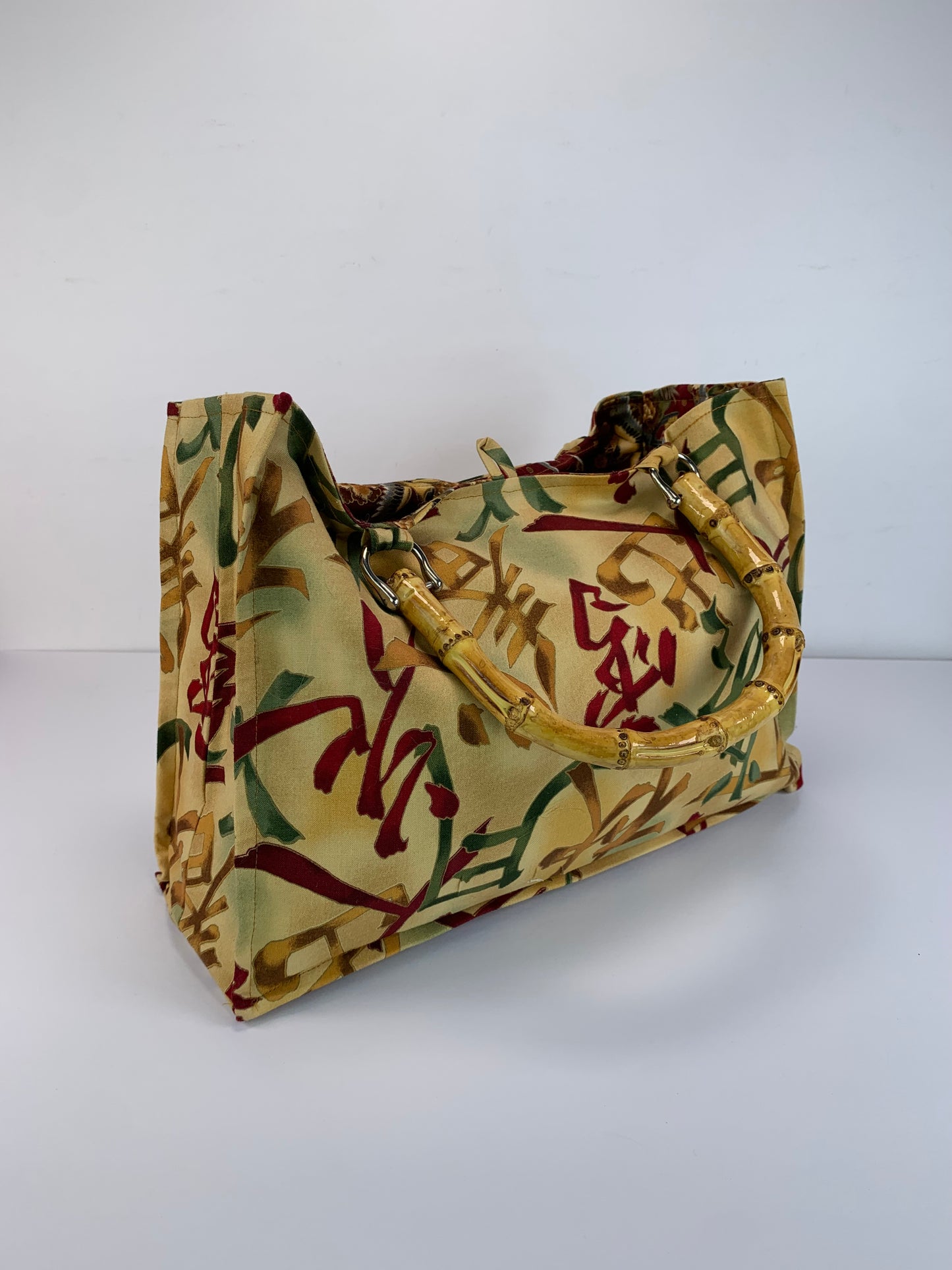 Vintage Purse - Handmade Reversible Tote Bag with Bamboo Handles