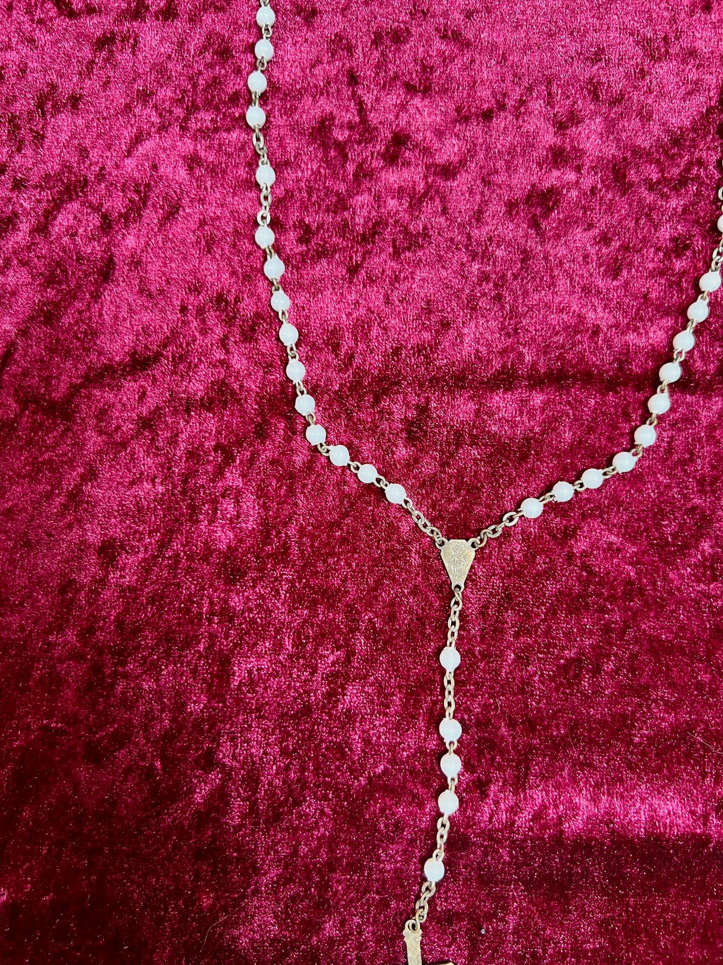 Vintage Jewelry - Rosary Beads - Shiny White Beads - Brass Tone Cross - 12.75"