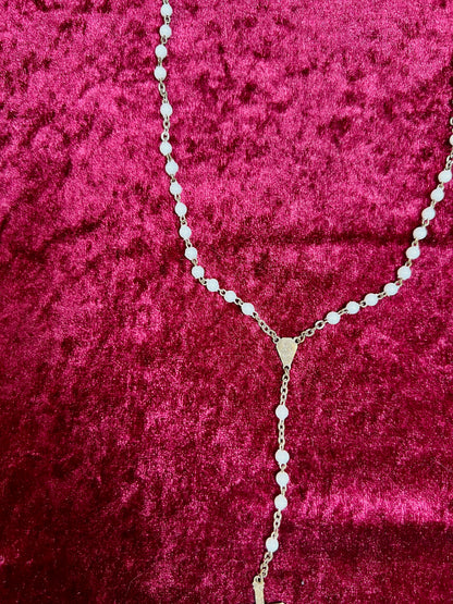 Vintage Jewelry - Rosary Beads - Shiny White Beads - Brass Tone Cross - 12.75"